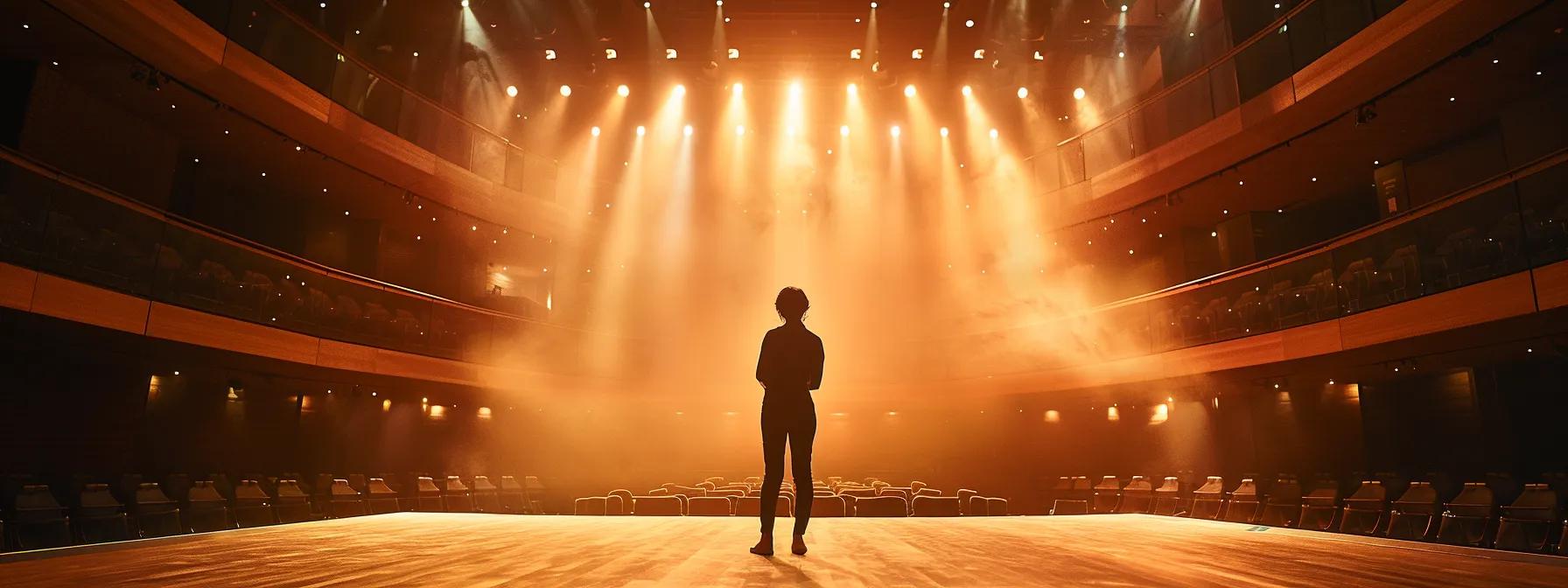 a dynamic performer confidently captivates an audience in a modern theater, illuminated by dramatic stage lighting that enhances their commanding presence. a dynamic performer confidently captivates an audience in a modern theater, illuminated by dramatic stage lighting that enhances their commanding presence.