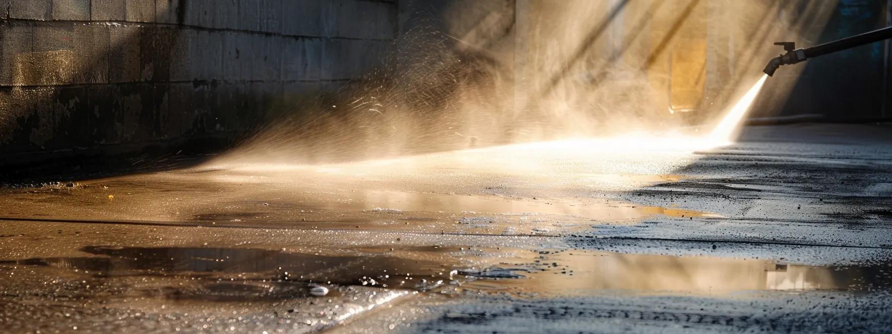 a dynamic pressure washing scene in an urban setting showcases a high-powered water jet forcefully cleansing a concrete driveway, with the contrast of dirt and grime being dramatically removed, illustrating the effectiveness of the method. a dynamic pressure washing scene in an urban setting showcases a high-powered water jet forcefully cleansing a concrete driveway, with the contrast of dirt and grime being dramatically removed, illustrating the effectiveness of the method.