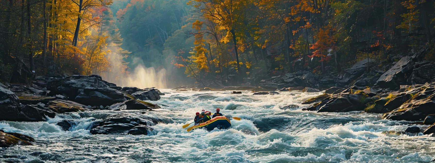 a dynamic river scene captures the exhilarating essence of whitewater rafting in ocoee, with vibrant waves crashing against rugged rocks under the warm glow of a late afternoon sun, showcasing the community's passion and the inviting beauty of the region.