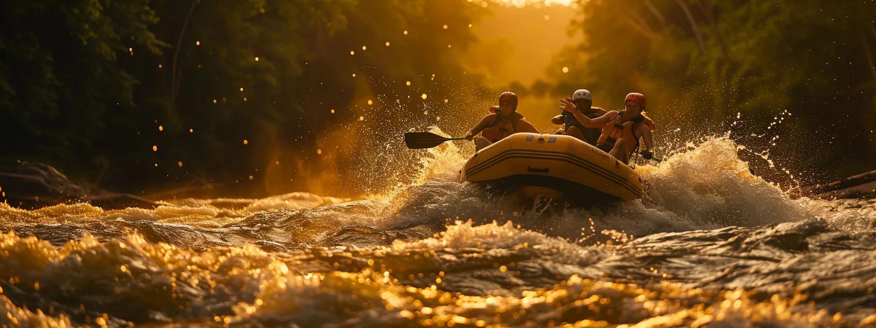 a dynamic river scene captures the thrill of diverse adventurers navigating the ocoee river's whitewater rapids in sleek, innovative rafts, surrounded by lush greenery and splashing waves under golden sunlight.
