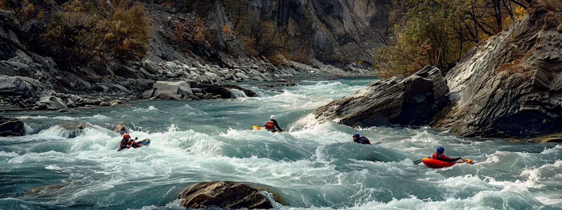 a dynamic riverside scene captures a group of tubers navigating strong currents, with vivid splashes of water and focused expressions demonstrating the importance of navigating safely amidst swirling eddies and rocky terrain.