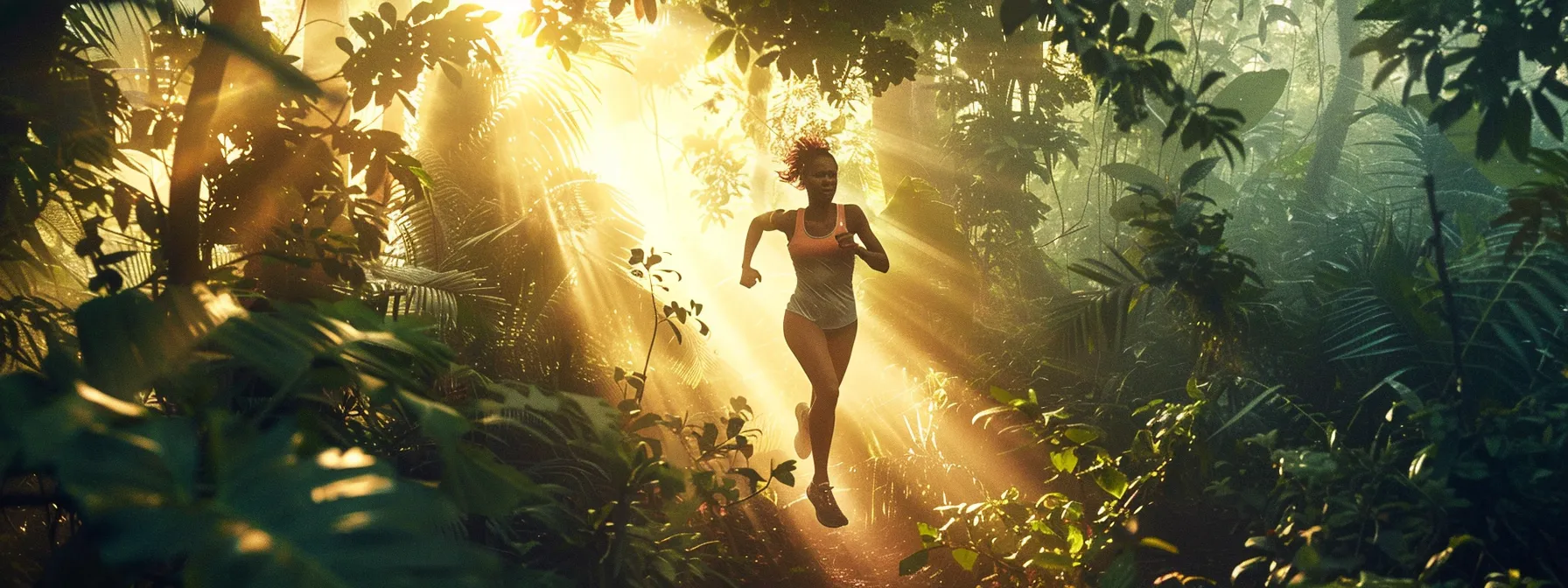 a dynamic runner in vibrant leggings dashes through a sunlit forest trail, surrounded by lush greenery and dappled light filtering through the trees.