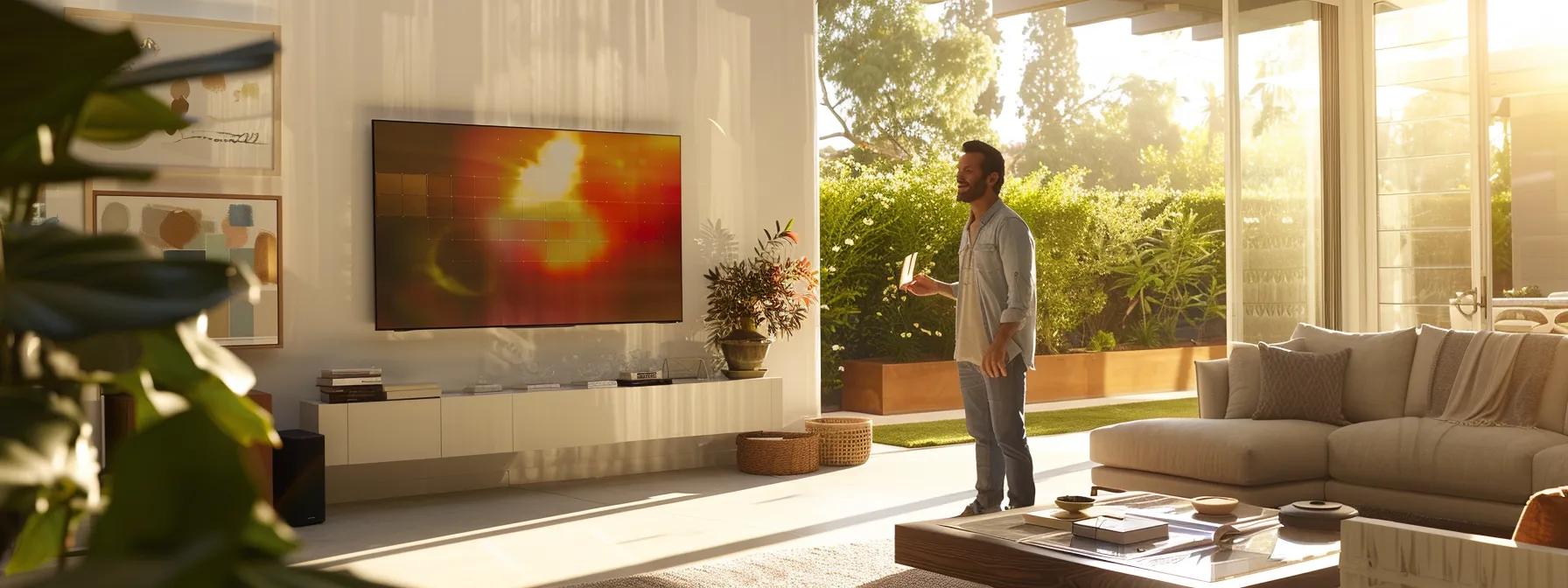 a dynamic sales presentation unfolds in a modern, brightly lit living room, showcasing a confident solar energy consultant engaging enthusiastically with a homeowner, surrounded by sleek solar panel samples and digital marketing materials.