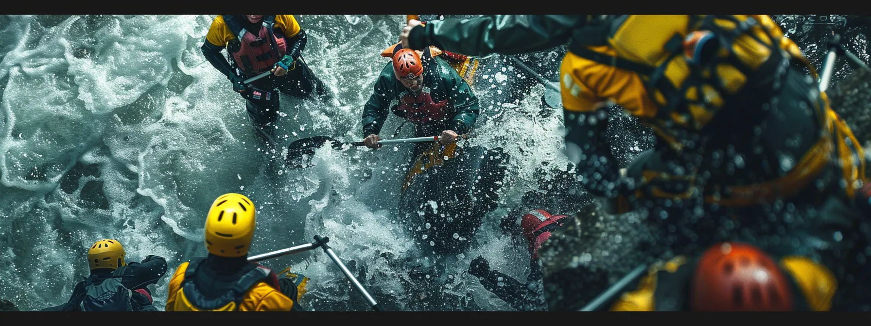 a dynamic scene captures a group of diverse rafters in an exhilarating moment on an urban river, engaging in synchronized paddle commands while wearing vivid safety gear, exemplifying the spirit of adventure and teamwork in mastering safe rafting techniques.