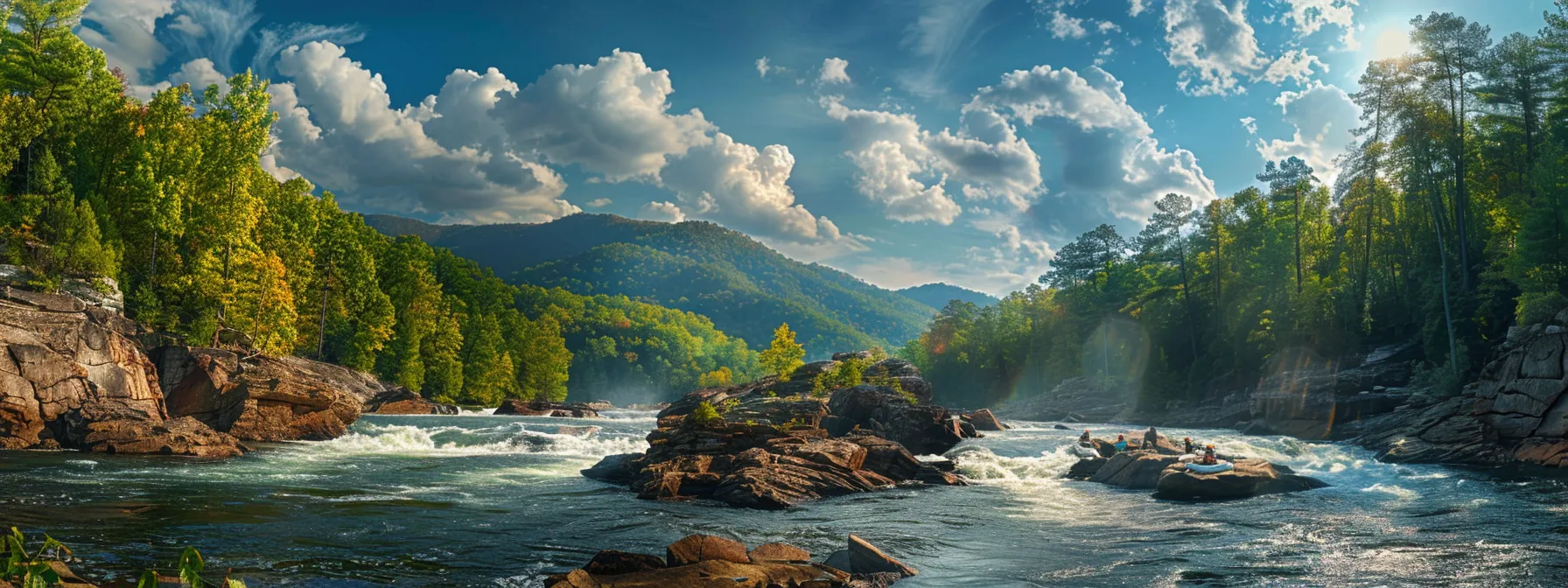 a dynamic scene captures adventurous rafters navigating the roaring whitewater of the ocoee river, surrounded by vibrant green foliage and dramatic rock formations under a bright blue sky.