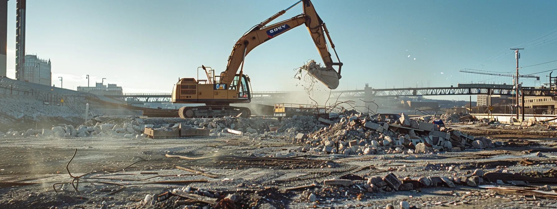 a dynamic scene captures the powerful machinery of a mechanical demolition site in pittsburgh, showcasing towering structures being methodically dismantled under a clear blue sky. a dynamic scene captures the powerful machinery of a mechanical demolition site in pittsburgh, showcasing towering structures being methodically dismantled under a clear blue sky.
