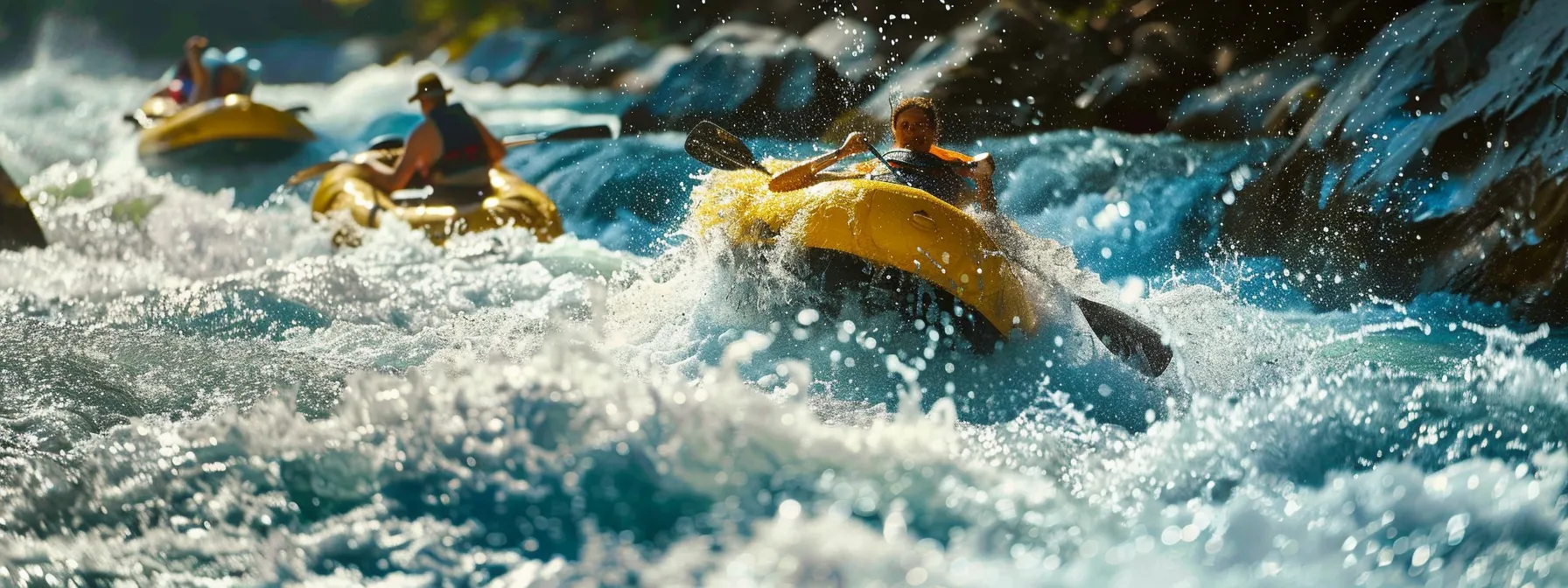 a dynamic scene capturing a group of adventurous individuals expertly navigating turbulent river rapids on colorful tubes, showcasing their techniques for balance and steering against the rushing water.