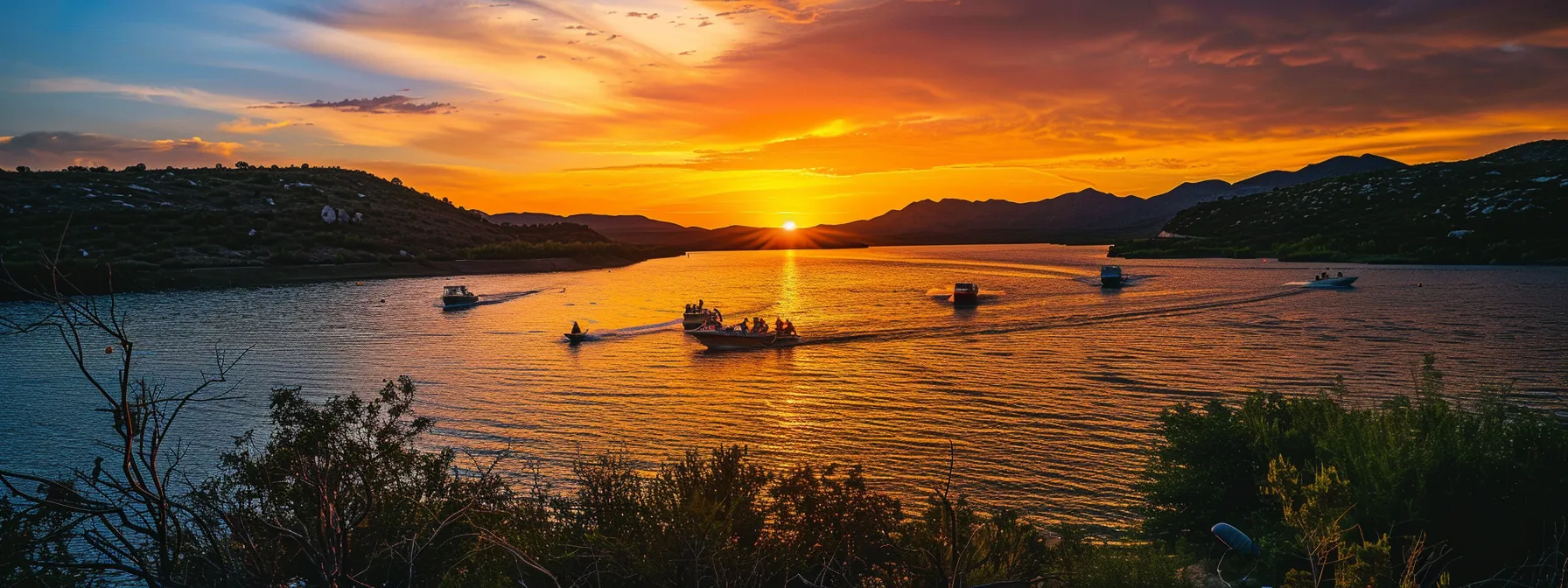 a dynamic scene capturing a vibrant sunset over lake pleasant, where thrill-seekers engage in exhilarating water sports, surrounded by lush greenery and silhouetted wildlife, creating a perfect blend of adventure and natural beauty. a dynamic scene capturing a vibrant sunset over lake pleasant, where thrill-seekers engage in exhilarating water sports, surrounded by lush greenery and silhouetted wildlife, creating a perfect blend of adventure and natural beauty.