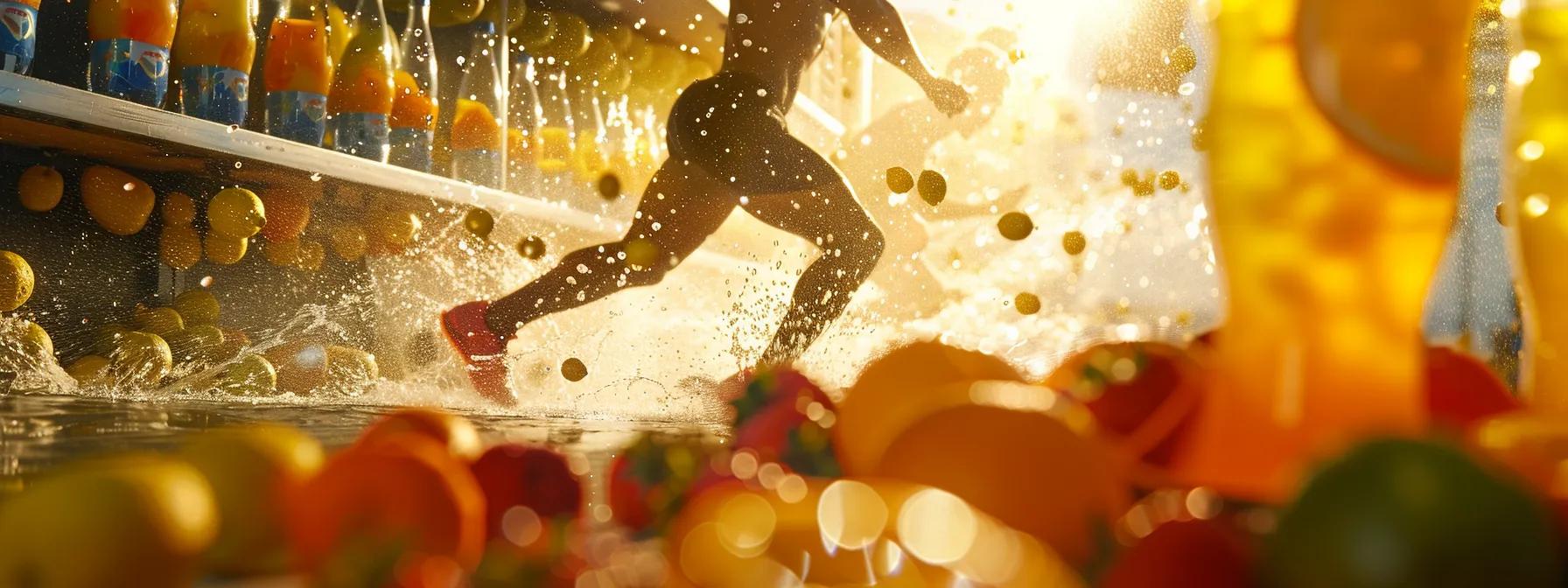 a dynamic scene capturing an athlete in motion, drenched in sweat under a blazing sun, with a vivid display of electrolyte-rich sports drinks and fresh fruits strategically placed in the foreground, symbolizing the essential restoration of energy and balance.