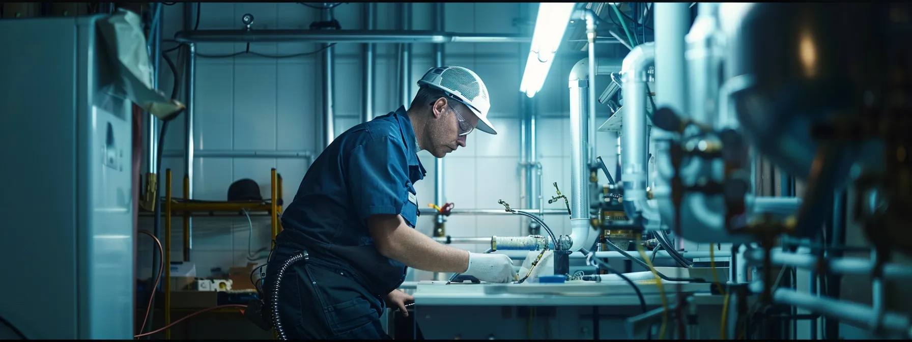 a dynamic scene featuring a skilled plumber expertly rerouting extensive piping in a modern residential setting, illuminated by bright overhead lights to highlight the intricate network of pipes enhancing the home’s water system functionality.