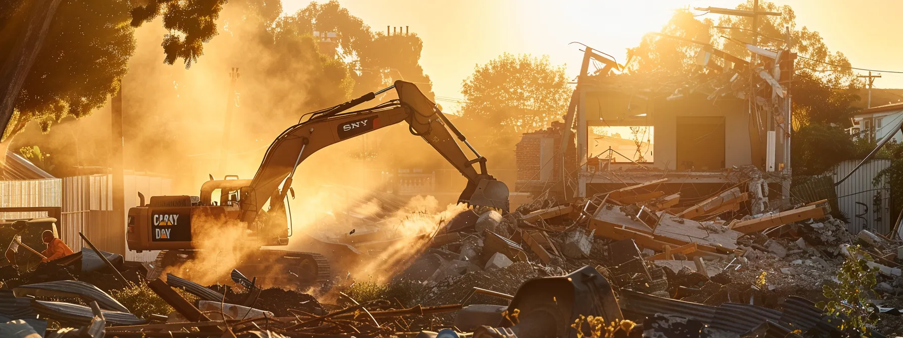 a dynamic scene of a residential demolition site where heavy machinery is carefully dismantling a house, surrounded by vibrant greenery and workers sorting through recycled materials, bathed in warm, golden sunlight to emphasize eco-friendly practices and community involvement. a dynamic scene of a residential demolition site where heavy machinery is carefully dismantling a house, surrounded by vibrant greenery and workers sorting through recycled materials, bathed in warm, golden sunlight to emphasize eco-friendly practices and community involvement.