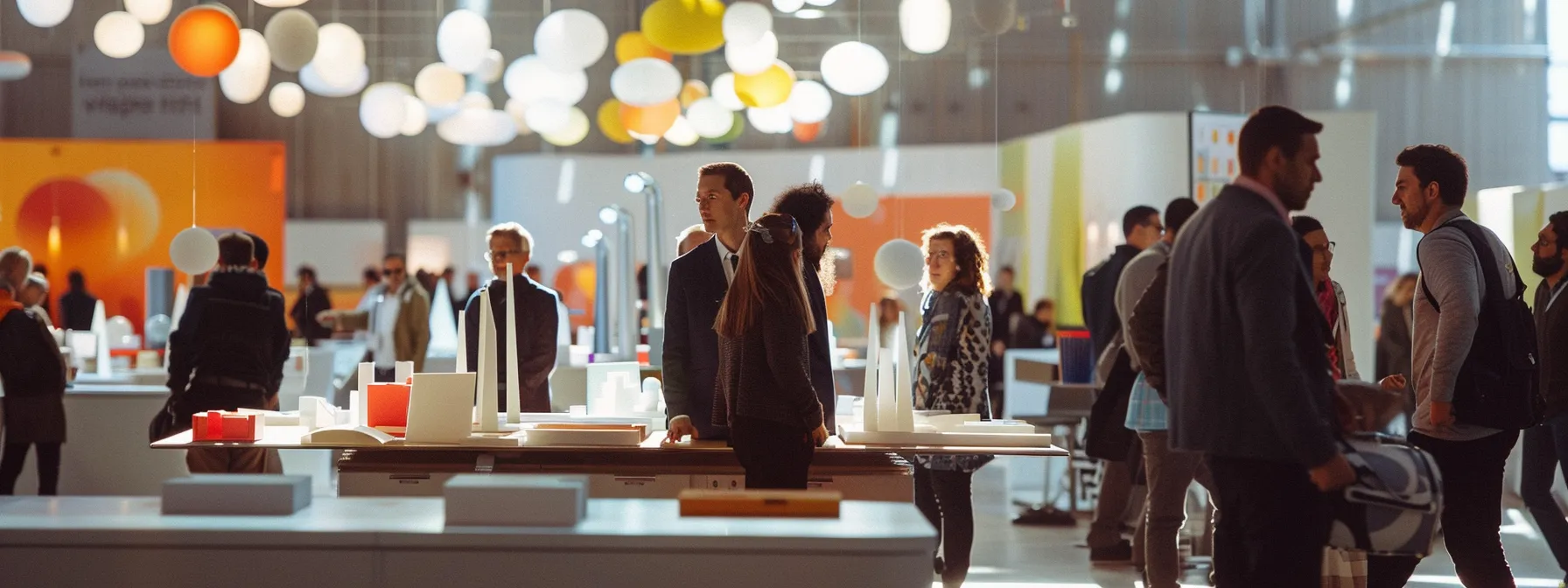 a dynamic scene of a diverse group of architects engaged in animated discussion at a contemporary design conference, surrounded by innovative architectural models and vibrant banners, captured in soft natural light for a realistic and candid atmosphere.