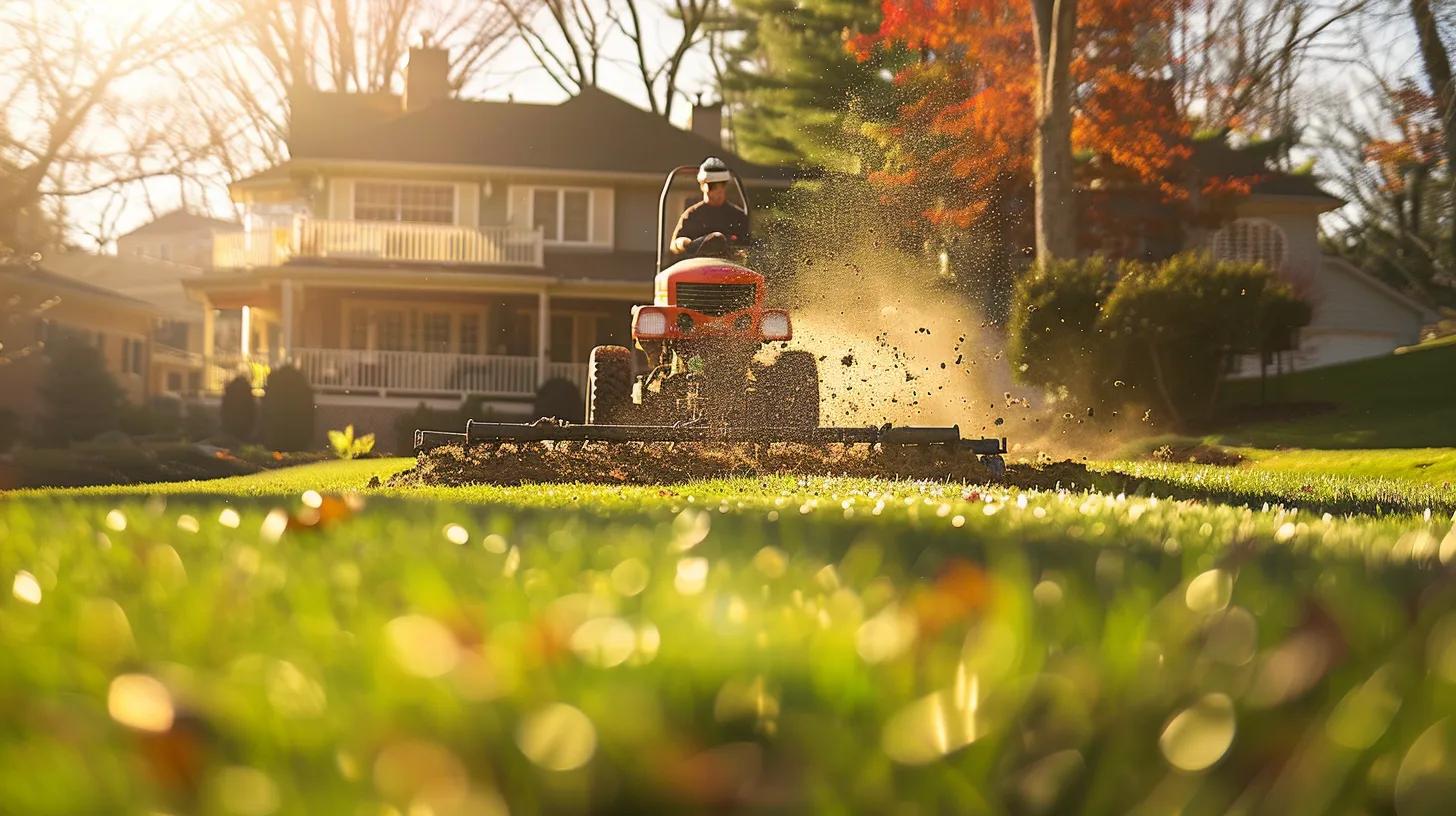 a dynamic scene of a homeowner operating a core aerator on a neatly maintained lawn, with visible soil plugs being removed, while a broadcast spreader sits nearby, symbolizing the careful preparation for overseeding in a suburban setting. a dynamic scene of a homeowner operating a core aerator on a neatly maintained lawn, with visible soil plugs being removed, while a broadcast spreader sits nearby, symbolizing the careful preparation for overseeding in a suburban setting.