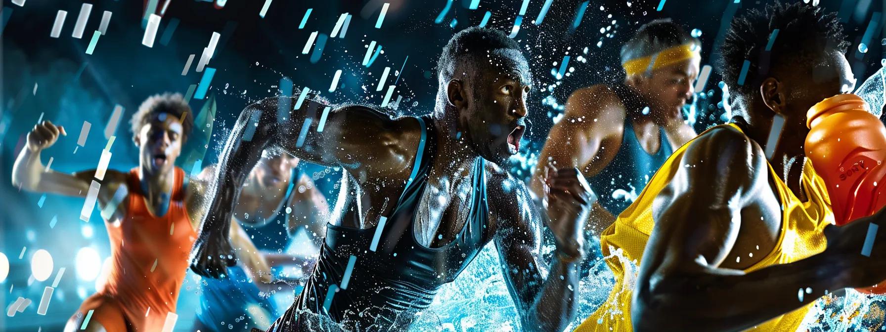 a dynamic scene of diverse athletes training intensely, surrounded by vibrant hydration options like sqwincher, emphasizing the importance of tailored sports nutrition for optimal performance.