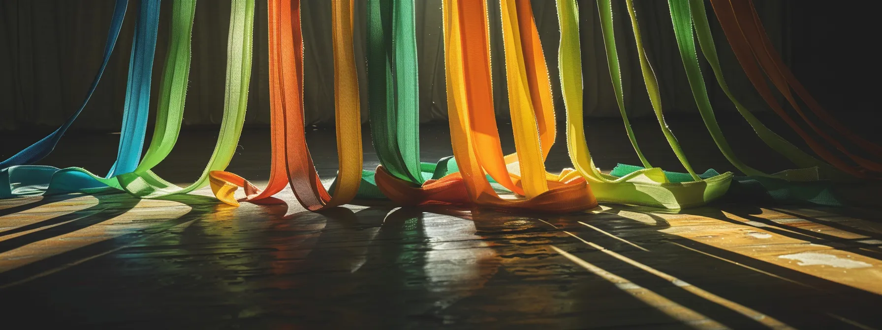 a dynamic scene of vibrant resistance bands arranged artfully against a minimalist backdrop, illuminated by soft, natural light that highlights their texture and color.