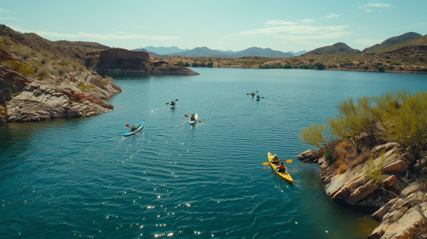 a dynamic scene showcases adventure enthusiasts engaging in thrilling water activities at lake pleasant, with vibrant kayaks and paddleboards cutting through the shimmering blue water under a bright, clear sky, while picturesque rocky shorelines add depth to the exhilarating outdoor experience. a dynamic scene showcases adventure enthusiasts engaging in thrilling water activities at lake pleasant, with vibrant kayaks and paddleboards cutting through the shimmering blue water under a bright, clear sky, while picturesque rocky shorelines add depth to the exhilarating outdoor experience.