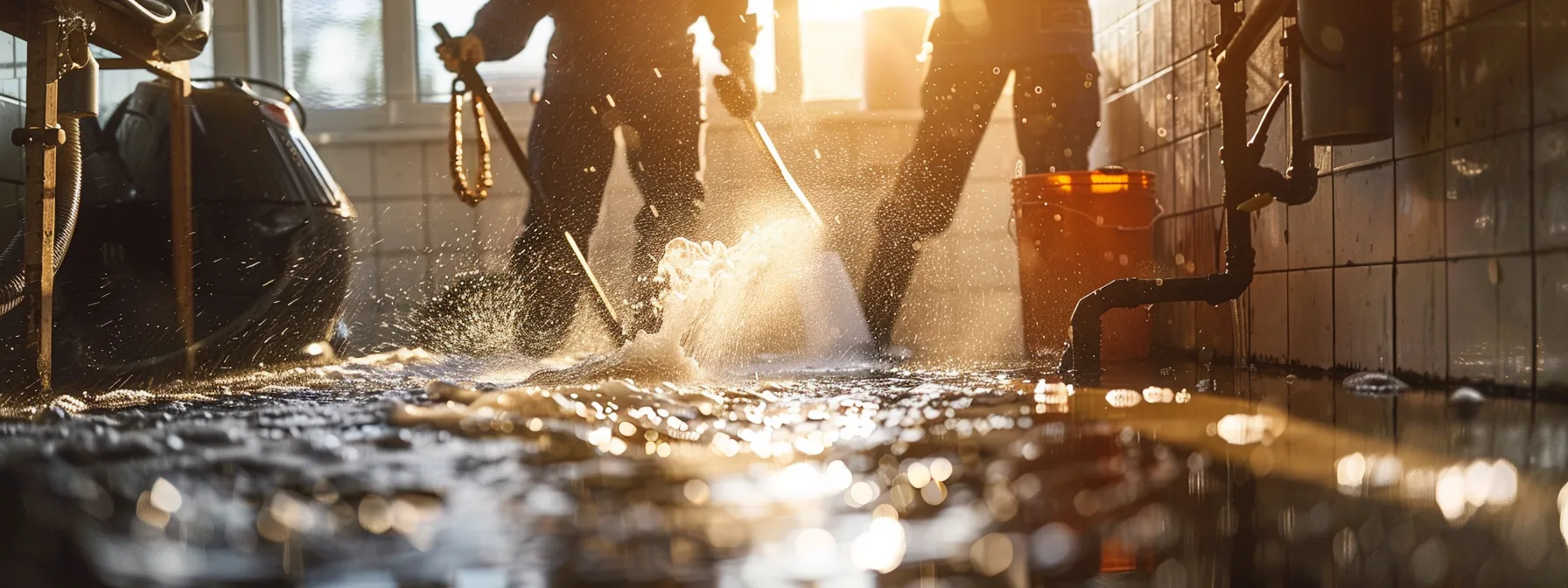 a dynamic scene showcasing a dedicated team of professionals effectively clearing a blocked drain, surrounded by flowing water and tools, under the warm glow of natural sunlight, emphasising swift action and reliability in addressing urgent plumbing issues.