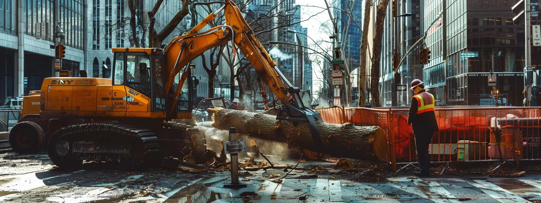 a dynamic scene showcasing a professional tree removal crew in hard hats using industrial equipment, set against an organized urban backdrop, highlighting the meticulous process of tree extraction and cleanup. a dynamic scene showcasing a professional tree removal crew in hard hats using industrial equipment, set against an organized urban backdrop, highlighting the meticulous process of tree extraction and cleanup.