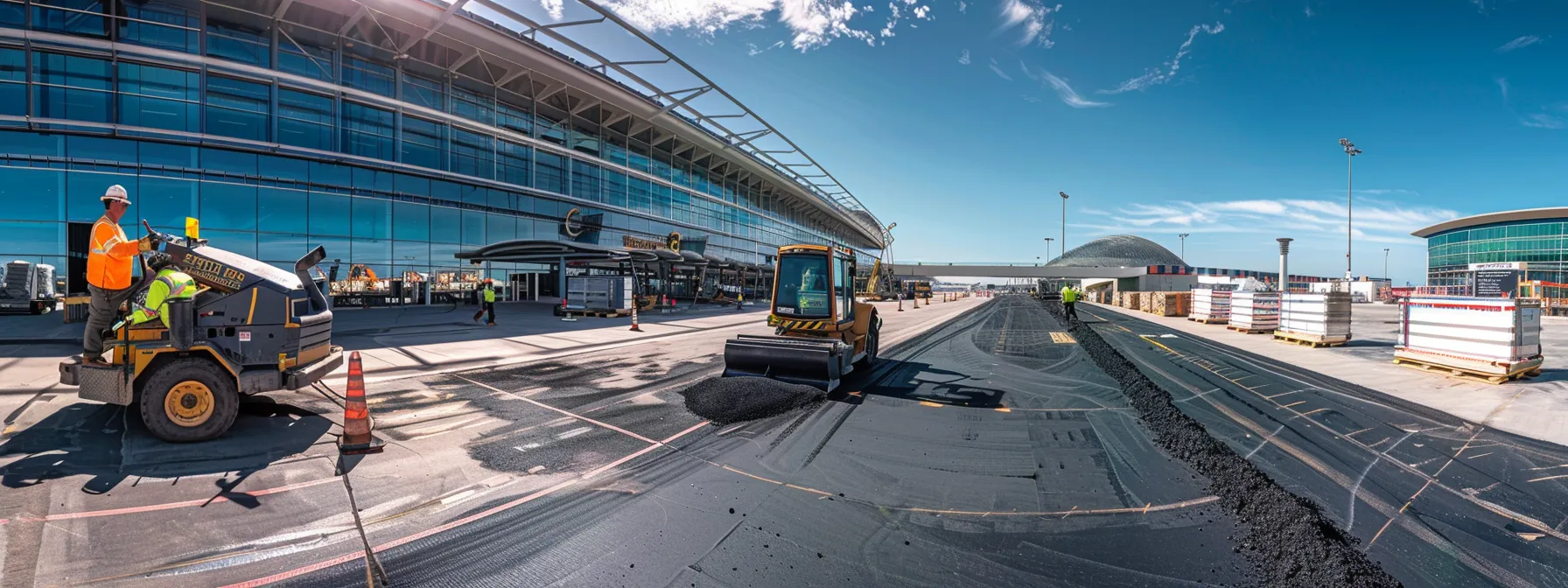a dynamic scene showcasing airport engineers coordinating a high-tech asphalt paving project at san diego airport, with construction equipment in motion and clear signage emphasizing safety protocols against a modern terminal backdrop.