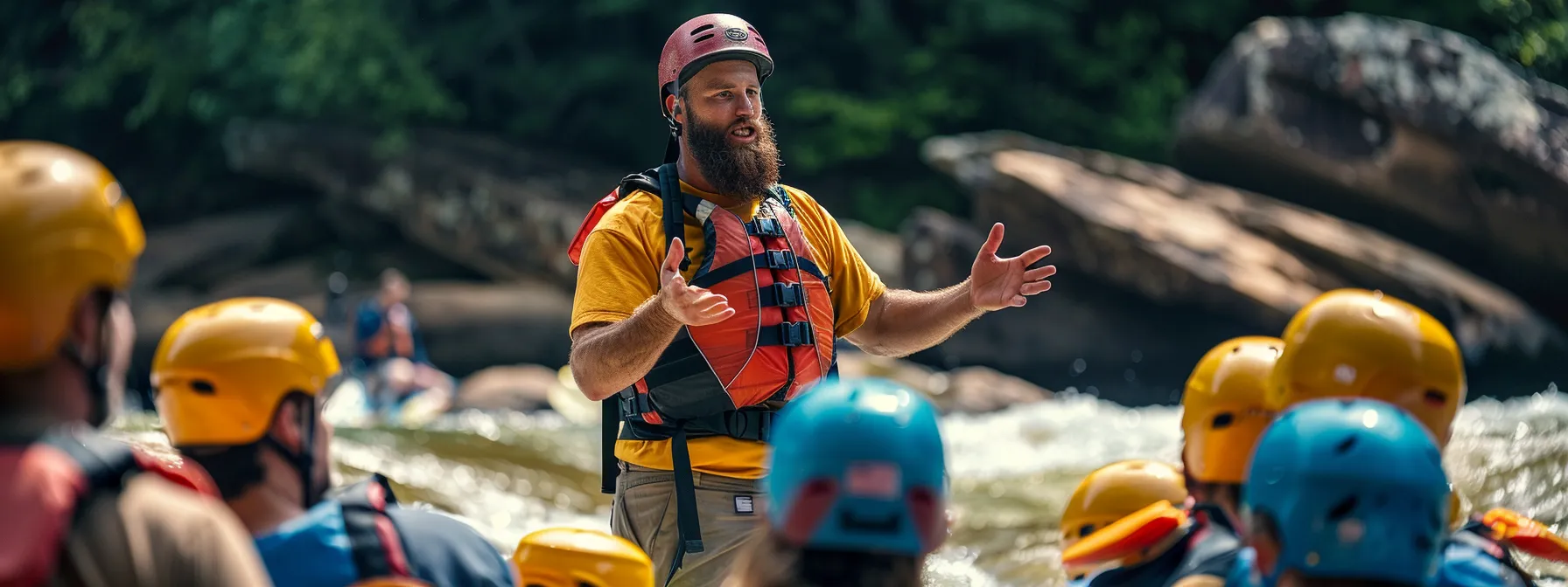 a dynamic shot of a skilled whitewater rafting guide briefing a group of excited adventurers on safety protocols while vibrant rapids churn in the background at the ocoee whitewater center.
