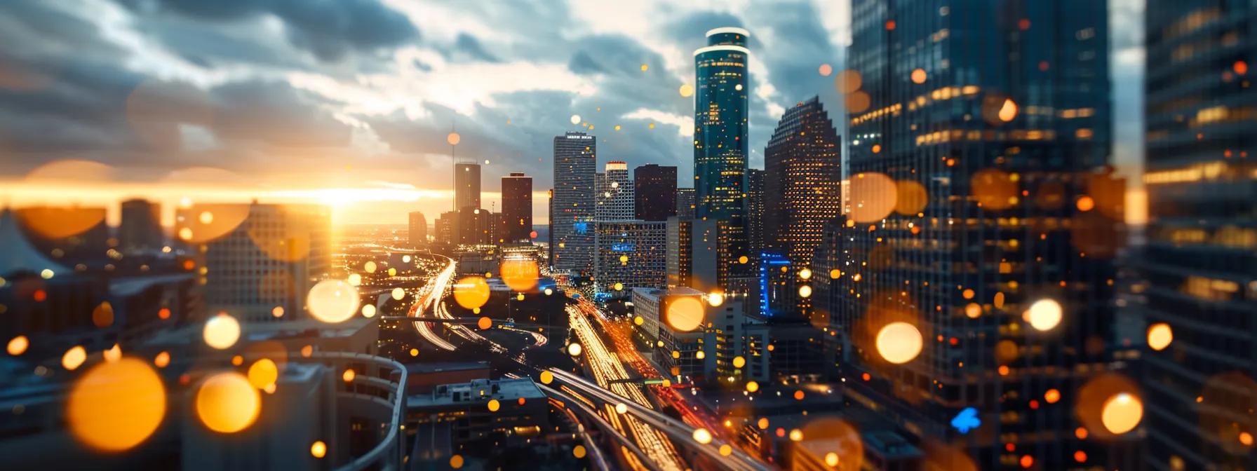 a dynamic skyline of houston at dusk, illuminated by vibrant city lights, reflects the innovation and expertise of a leading seo marketing company. a dynamic skyline of houston at dusk, illuminated by vibrant city lights, reflects the innovation and expertise of a leading seo marketing company.