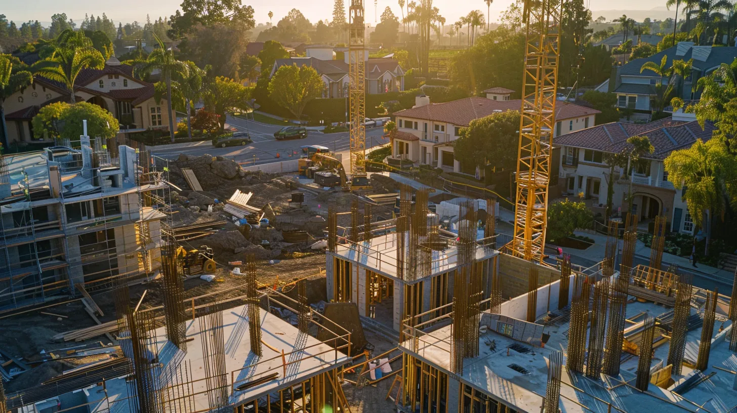 a dynamic split-scene contrasts a bustling commercial construction site with modern cranes and equipment on one side, and a serene residential neighborhood with cozy houses and lush gardens on the other, highlighting the key differences in project management environments.