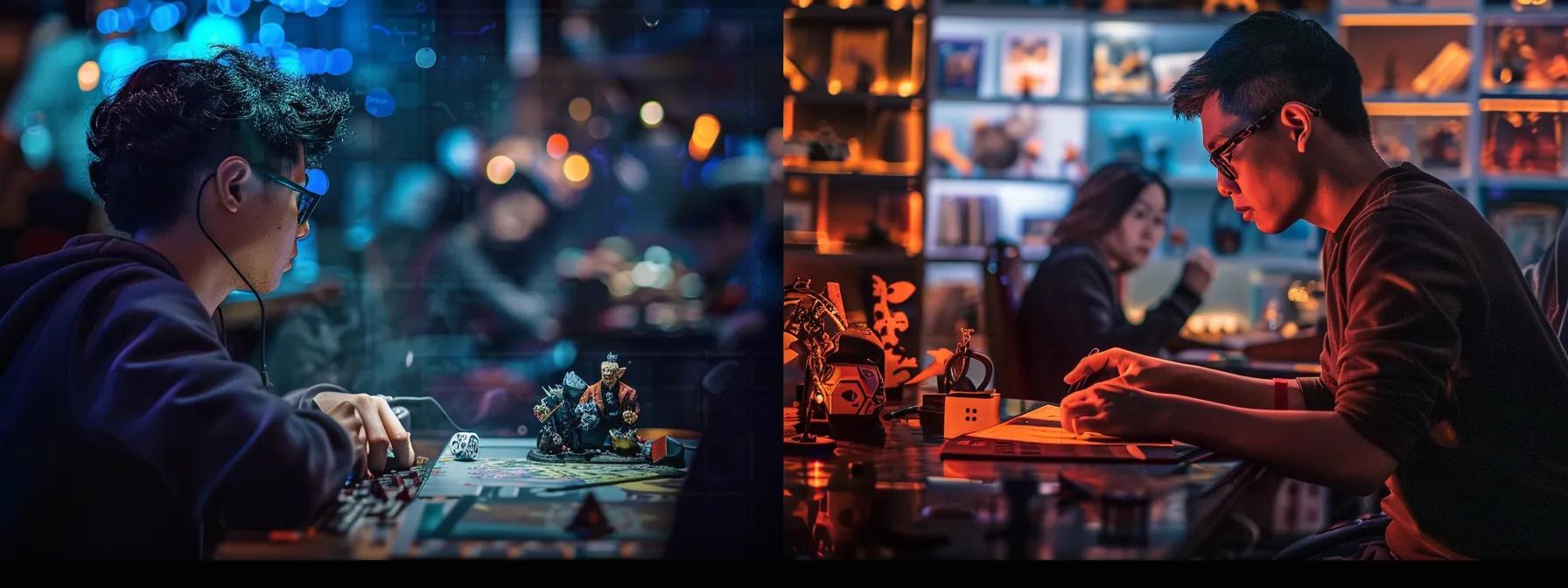 a dynamic split-scene in a modern gaming lounge showcases two distinct d&d players: one engrossed in minimal gear with a modest setup, and the other surrounded by an extravagant collection of books, dice, and miniatures, highlighting the spectrum of spending in the world of tabletop gaming. a dynamic split-scene in a modern gaming lounge showcases two distinct d&d players: one engrossed in minimal gear with a modest setup, and the other surrounded by an extravagant collection of books, dice, and miniatures, highlighting the spectrum of spending in the world of tabletop gaming.
