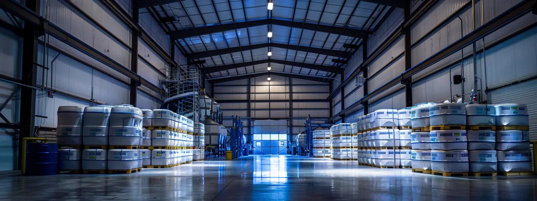 a dynamic sports nutrition manufacturing facility, showcasing vibrant whey protein and essential amino acids in pristine storage containers, illuminated by bright, focused overhead lights to emphasize the meticulous quality control processes and adherence to evolving regulatory standards.