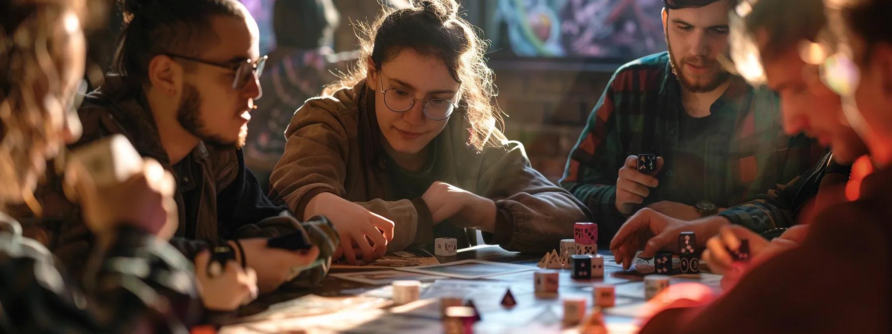 a dynamic tabletop gaming scene captures a diverse group of friends deeply engaged in a dungeons & dragons session, surrounded by colorful character sheets, dice, and immersive fantasy artwork, illustrating the joy of social connection and teamwork. a dynamic tabletop gaming scene captures a diverse group of friends deeply engaged in a dungeons & dragons session, surrounded by colorful character sheets, dice, and immersive fantasy artwork, illustrating the joy of social connection and teamwork.