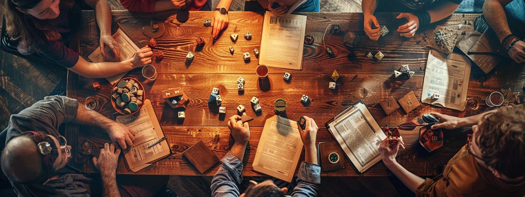 a dynamic tabletop scene captures a group of players deep in a heated dungeons & dragons session, with character sheets and dice scattered across a wooden surface, as the atmosphere reflects both excitement and underlying tension from their strategic interactions. a dynamic tabletop scene captures a group of players deep in a heated dungeons & dragons session, with character sheets and dice scattered across a wooden surface, as the atmosphere reflects both excitement and underlying tension from their strategic interactions.