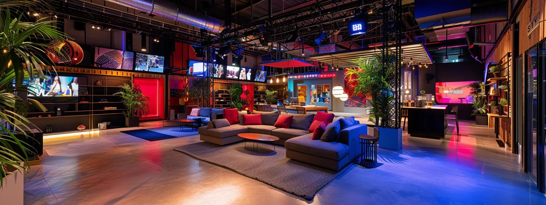 a dynamic television studio bustling with energy, featuring a vibrant set filled with engaging props and dramatic lighting, where a diverse team collaborates passionately to craft compelling storylines that resonate with audiences.