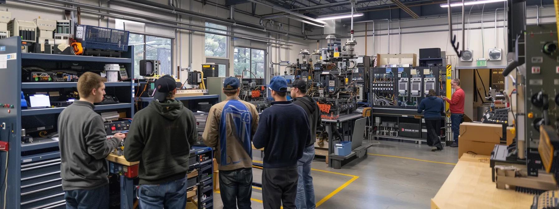 a dynamic training session in a modern cape cod electrical workshop, showcasing skilled electricians engaged in hands-on learning with advanced tools amidst sleek equipment, emphasizing their commitment to safety and technological innovation. a dynamic training session in a modern cape cod electrical workshop, showcasing skilled electricians engaged in hands-on learning with advanced tools amidst sleek equipment, emphasizing their commitment to safety and technological innovation.