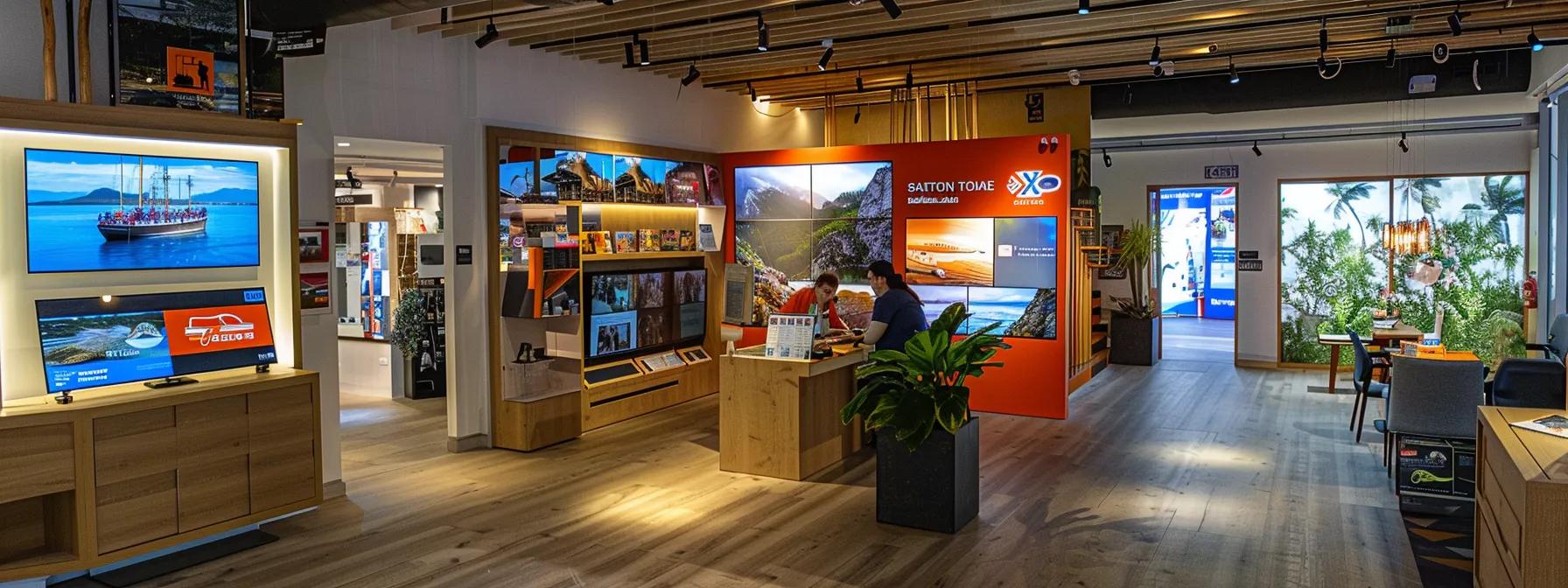 a dynamic travel agency office bathed in warm overhead lighting, showcasing a sleek digital display of rafting trip deals, where an eager travel advisor is engagedly discussing insider tips and strategies with a customer amid vibrant brochures and promotional materials.