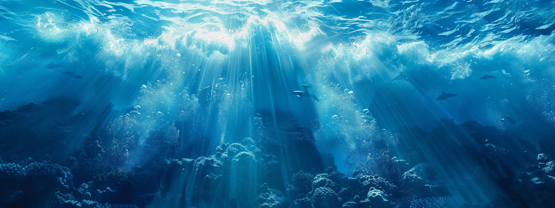 a dynamic underwater scene captures a playful pod of dolphins leaping through vibrant blue waves, their sleek bodies glistening under the shimmering sunlight that filters through the water's surface.