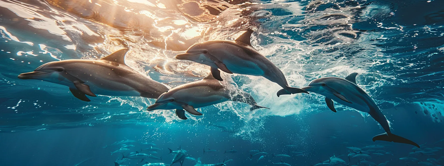 a dynamic underwater scene captures a group of playful dolphins gracefully leaping through crystal-clear waters off the vibrant coast of florida, showcasing their joyful interaction in a sunlit ocean environment.