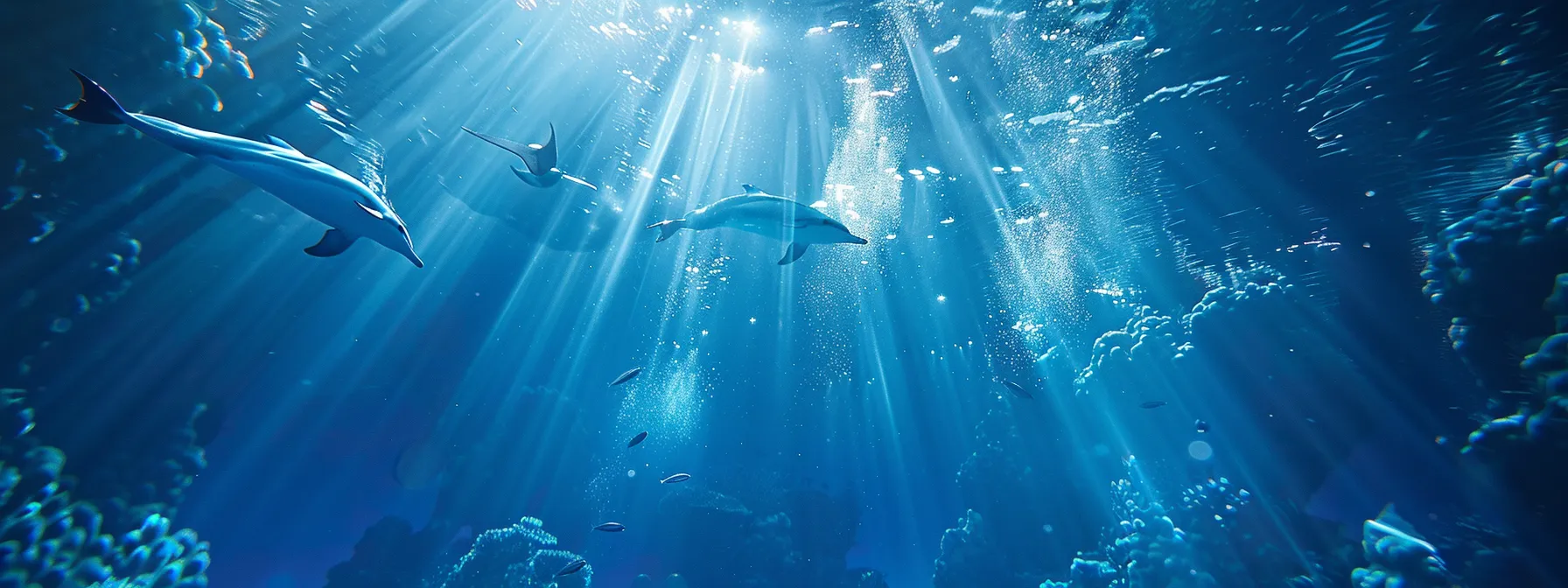 a dynamic underwater scene captures a group of playful dolphins leaping and spinning joyfully through vibrant blue ocean waters, surrounded by sparkling light rays filtering from above.