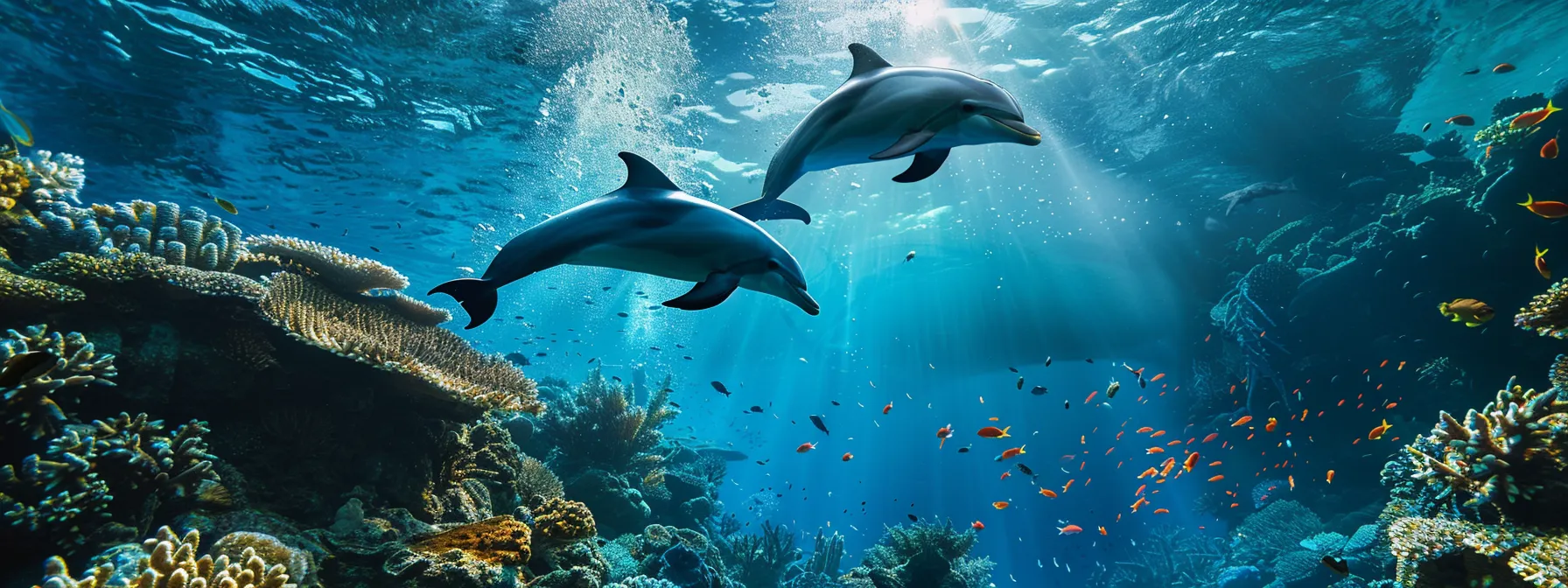 a dynamic underwater scene captures playful dolphins gracefully leaping through crystal-clear ocean waters, surrounded by vibrant coral formations, showcasing their joyful camaraderie and the essence of marine life.