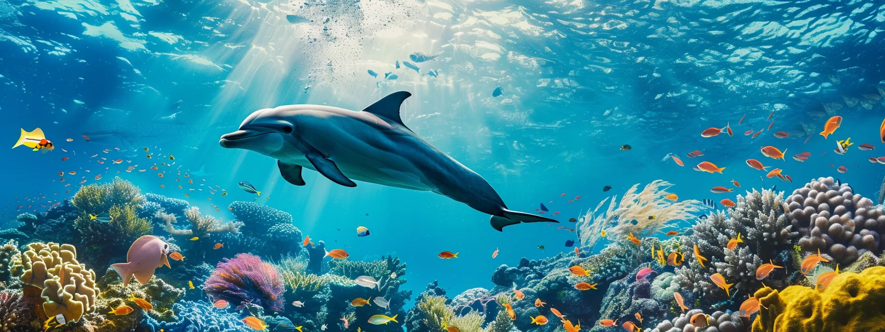 a dynamic underwater scene captures playful dolphins leaping gracefully through the shimmering blue ocean, surrounded by vibrant coral reefs and schools of colorful fish, evoking a sense of joy and freedom.