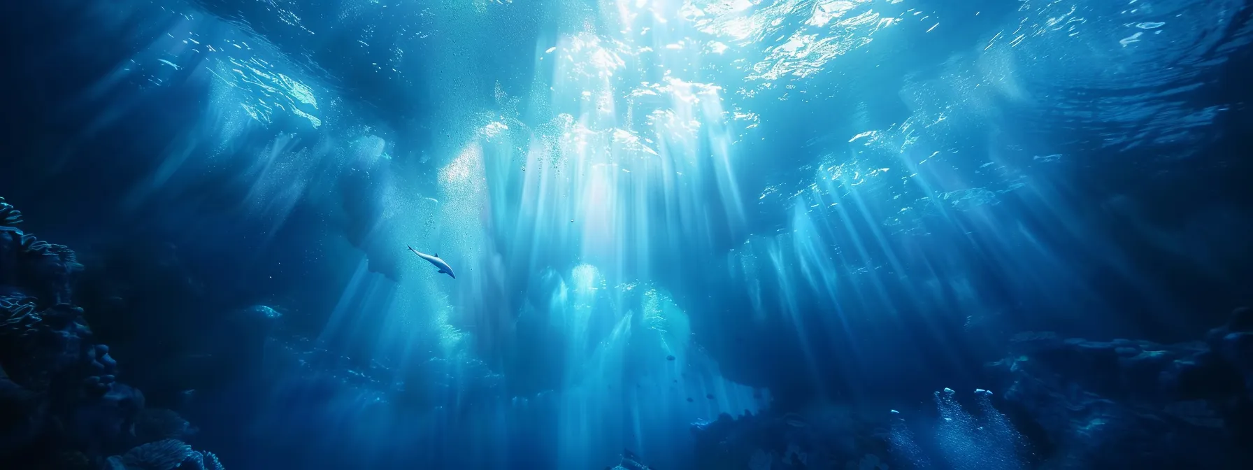 a dynamic underwater scene captures playful dolphins leaping through vibrant blue waters, their sleek bodies glistening under the sunlight filtering from above.