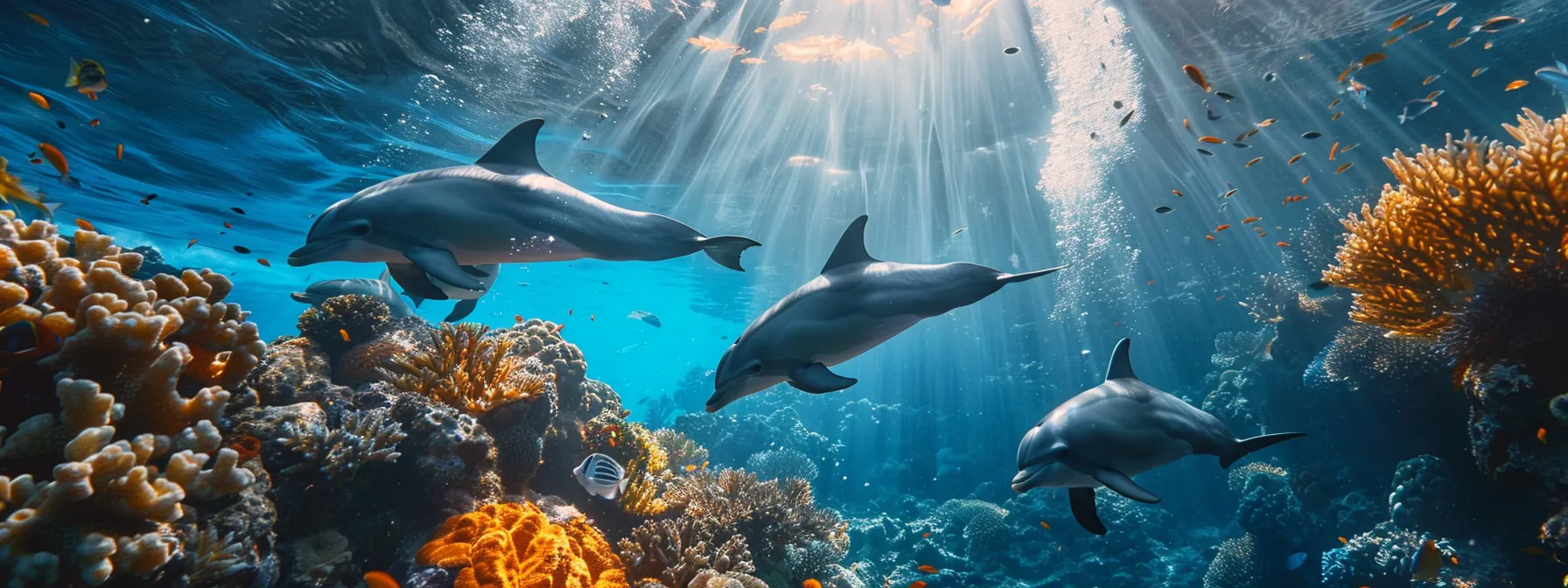 a dynamic underwater scene captures a group of playful dolphins leaping joyfully amidst vibrant coral formations, illuminated by shimmering rays of sunlight filtering through the clear ocean water.