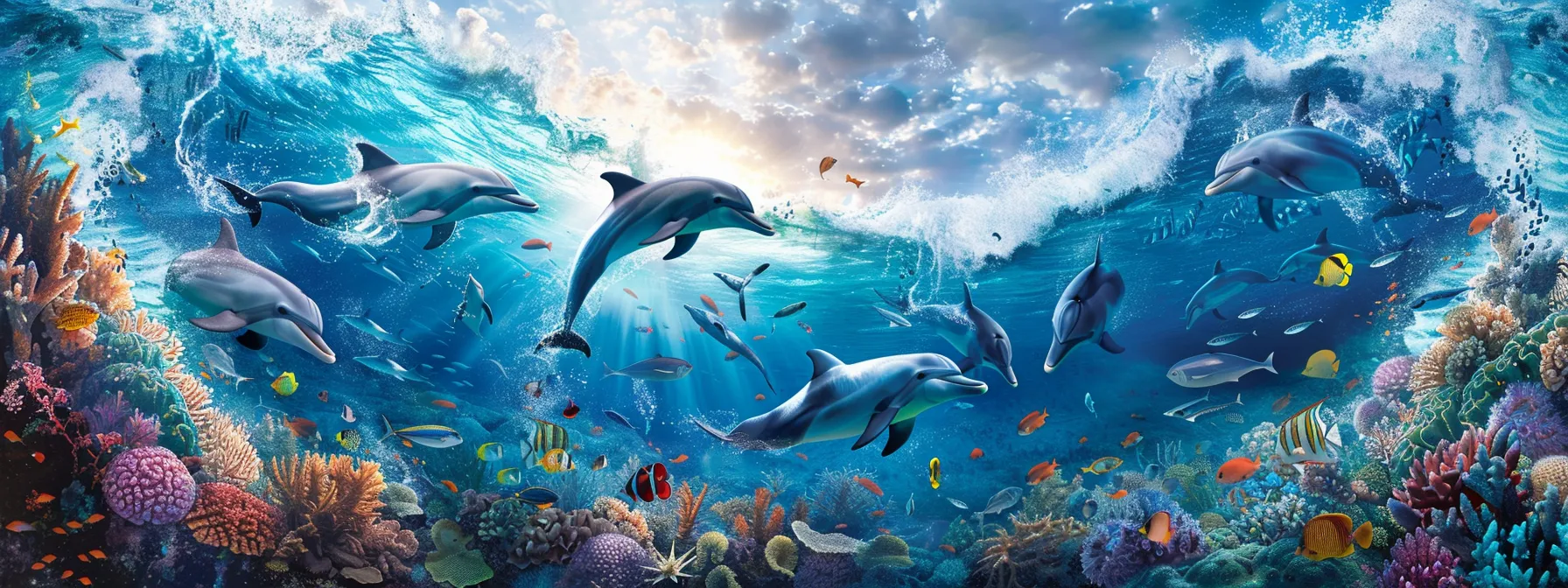 a dynamic underwater scene captures a group of playful dolphins leaping joyfully through shimmering blue waves, surrounded by vibrant marine life and sunlit water textures.