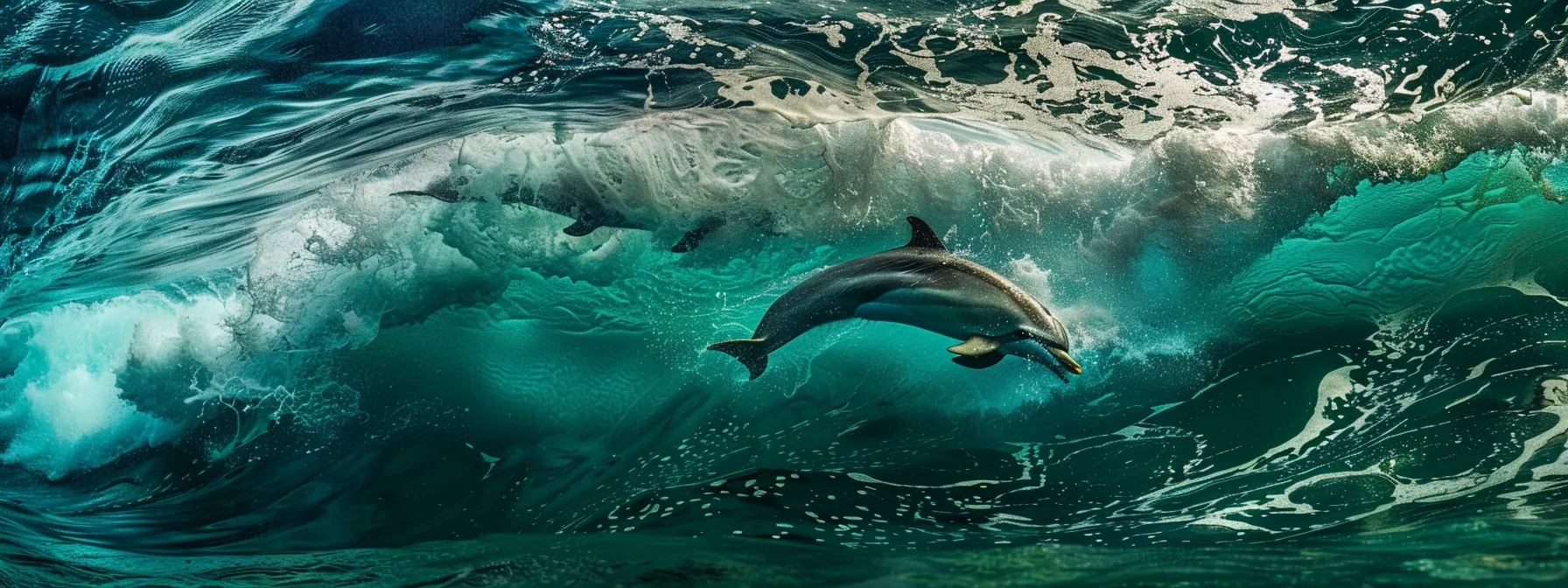a dynamic underwater shot captures a pod of sleek dolphins playfully leaping through glittering, cerulean waves, their smooth bodies creating splashes as they gracefully breach the surface in a moment of joyful exuberance.