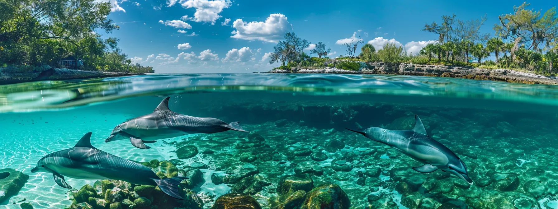 a dynamic underwater shot captures a playful pod of dolphins gracefully leaping through the crystal-clear turquoise waters off the coast of florida, showcasing their lively interactions and joyful spirit in the vibrant ocean environment.