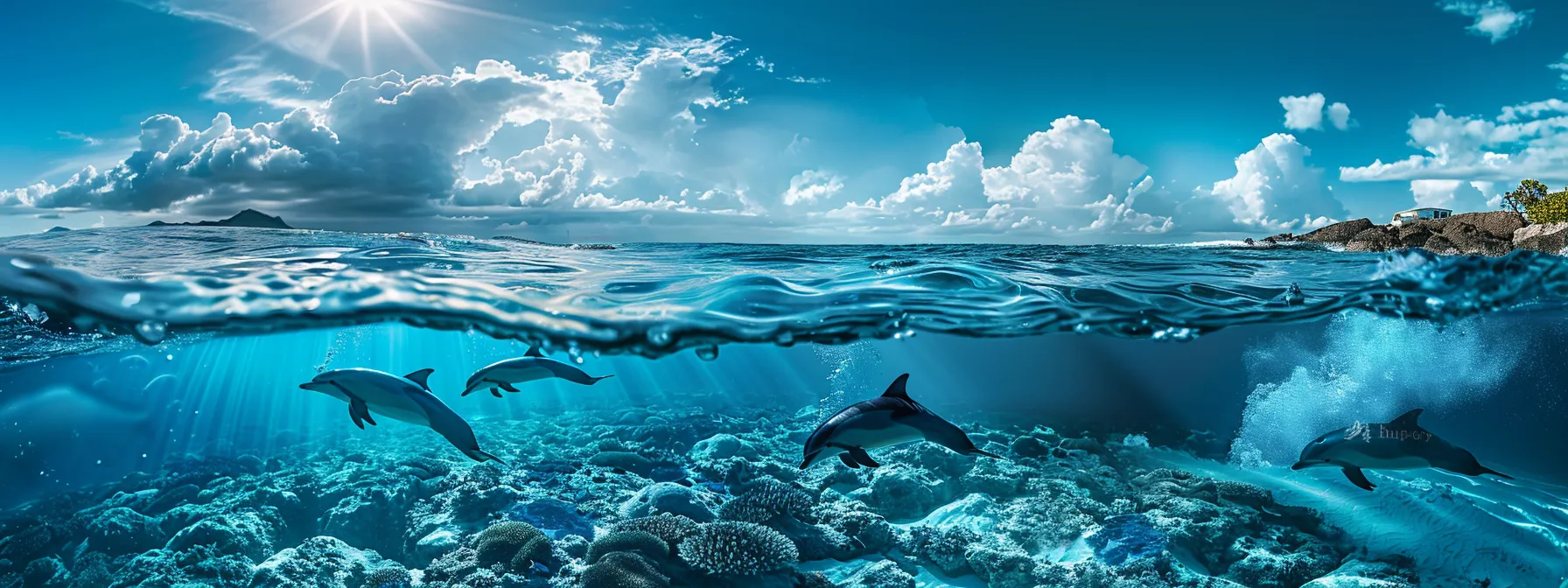 a dynamic underwater shot captures a playful pod of dolphins leaping joyfully through the crystalline blue waters, their sleek bodies glistening as they breach the surface in an energetic display.