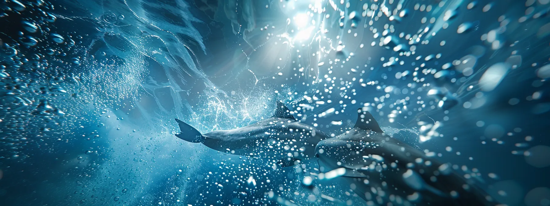 a dynamic underwater tableau captures a pod of playful dolphins leaping joyfully through the crystal-clear waters off the vibrant coast of florida, surrounded by swirling bubbles and glimmers of sunlight filtering down from above.