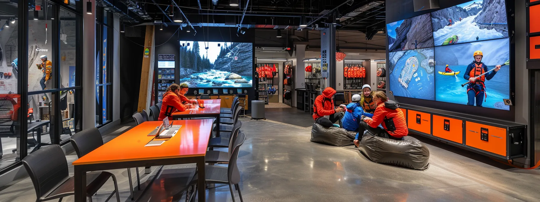 a dynamic urban adventure center filled with vibrant gear and equipment for whitewater rafting, showcasing athletes engaged in intense training while strategizing over maps and safety protocols on a sleek conference table.