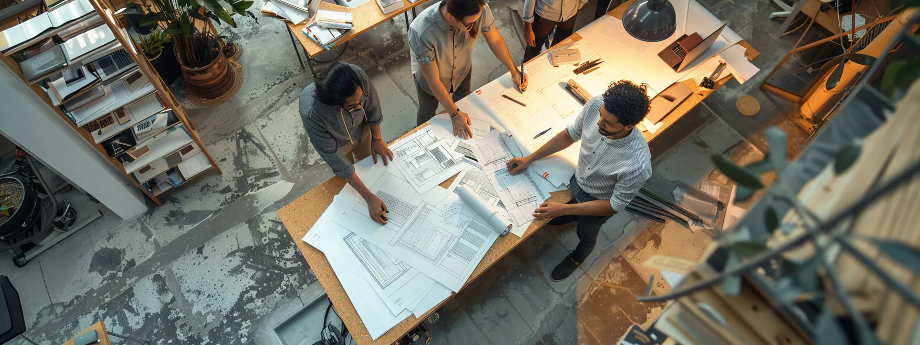 a dynamic urban architecture studio showcases a diverse team of architects brainstorming over intricate blueprints and digital models, bathed in warm, overhead lighting that highlights their focused expressions and the modern design elements around them.