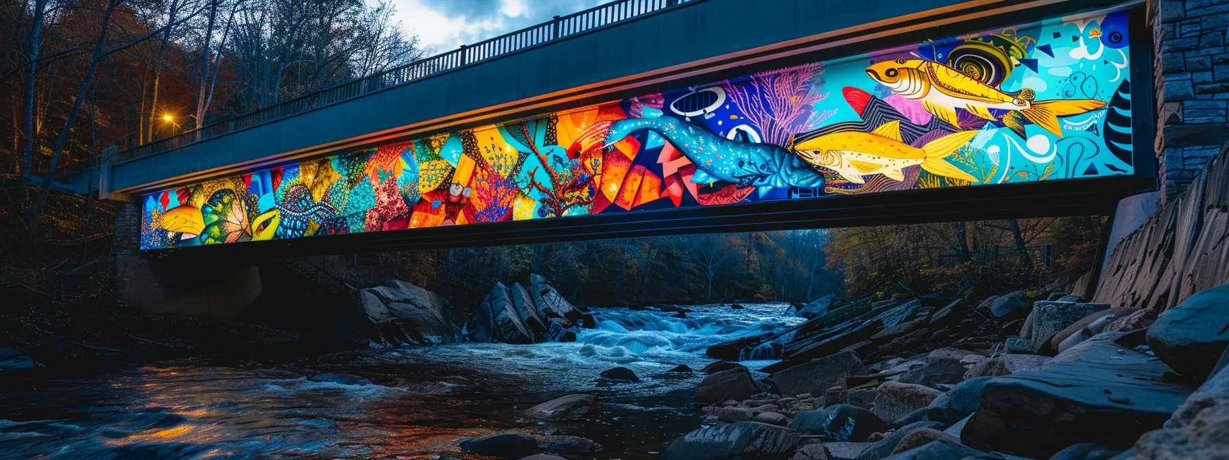 a dynamic urban art installation features bold murals depicting the ocoee river's adventurous spirit, with lively figures engaged in whitewater rafting under vibrant city lights, capturing the essence of community narratives and artistic expression.