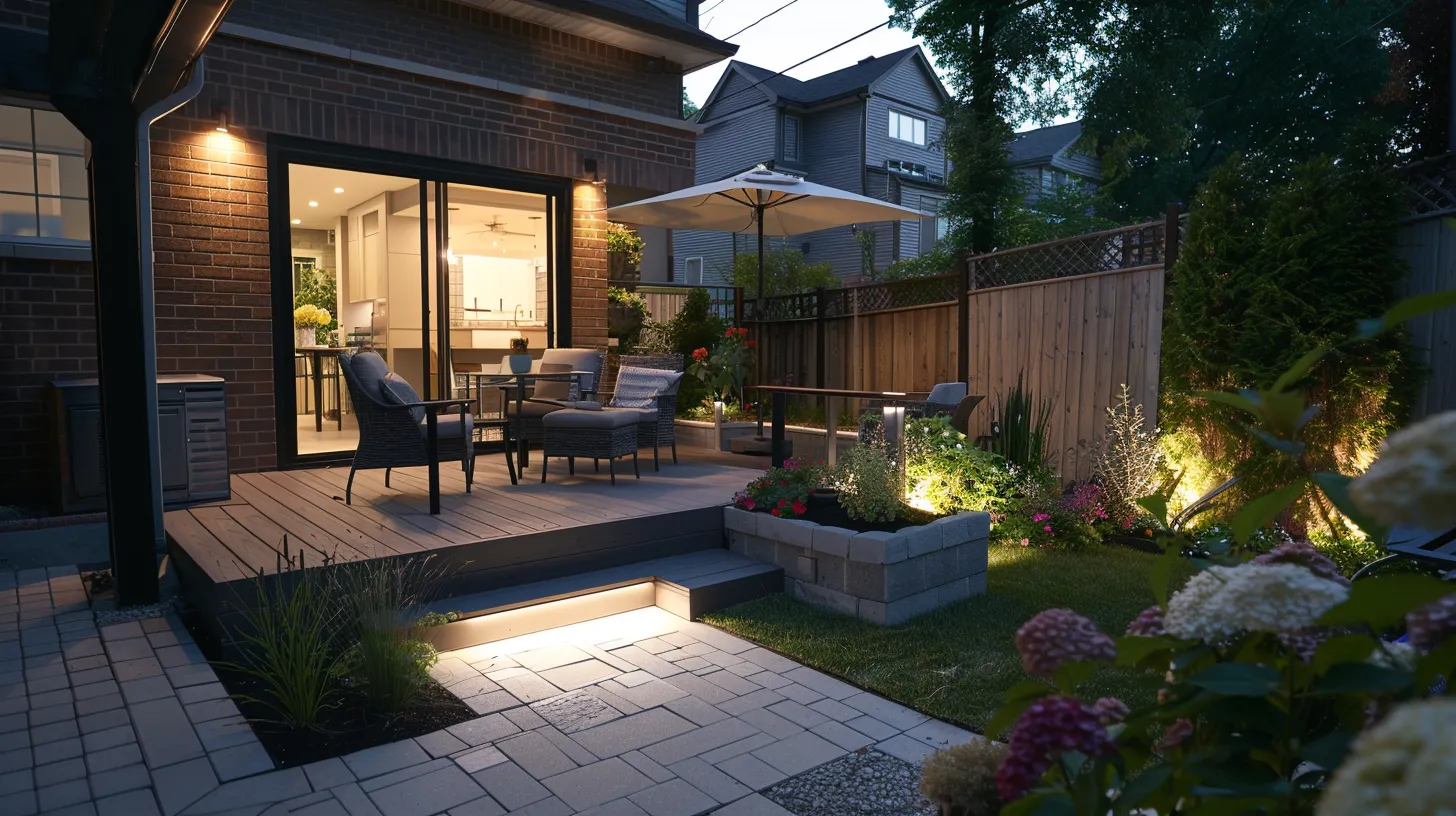 a dynamic urban backyard design featuring distinct functional zones, including a stylish deck, modern kitchen garden, and elegantly arranged plant areas illuminated by soft landscape lighting, showcasing a balanced blend of hardscape and softscape elements. a dynamic urban backyard design featuring distinct functional zones, including a stylish deck, modern kitchen garden, and elegantly arranged plant areas illuminated by soft landscape lighting, showcasing a balanced blend of hardscape and softscape elements.