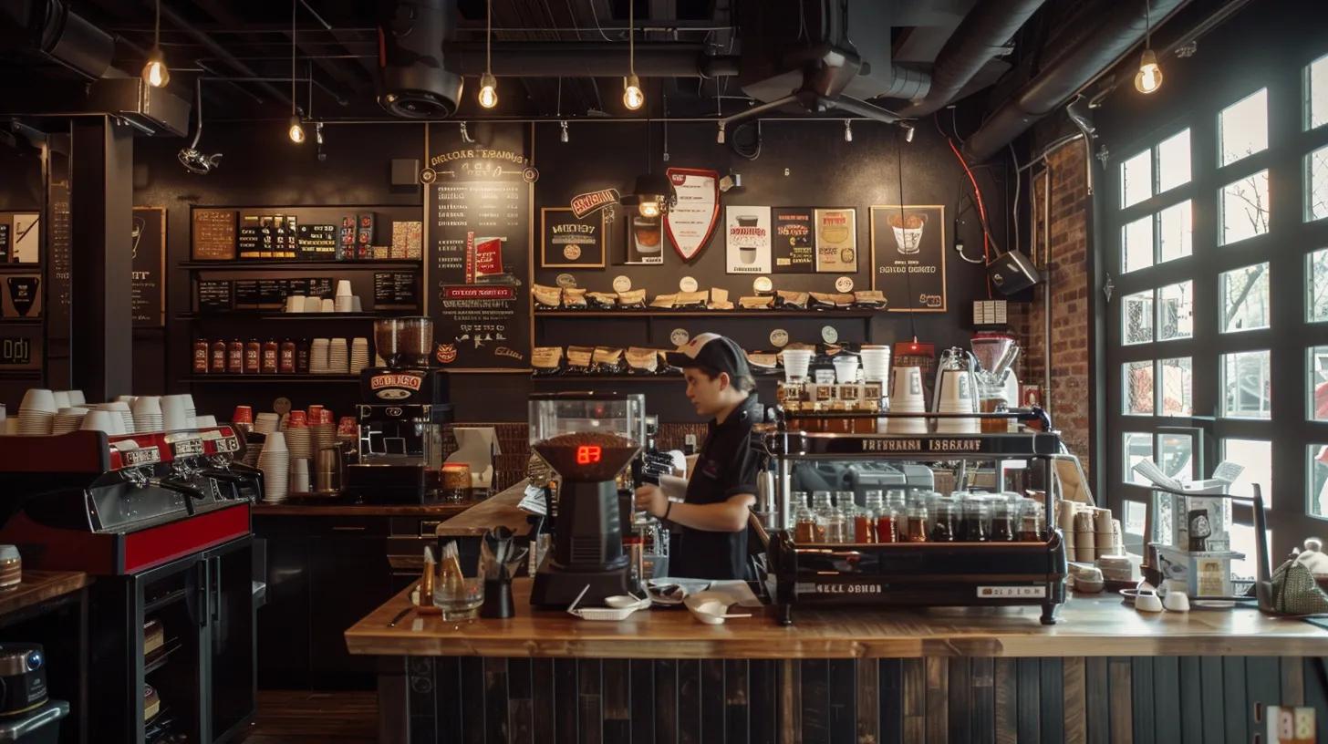 a dynamic, urban coffee shop scene showcases a barista passionately crafting a rich brew, with firefighting memorabilia adorning the walls, symbolising fire rescue coffee’s deep commitment to supporting first responders and community impact.
